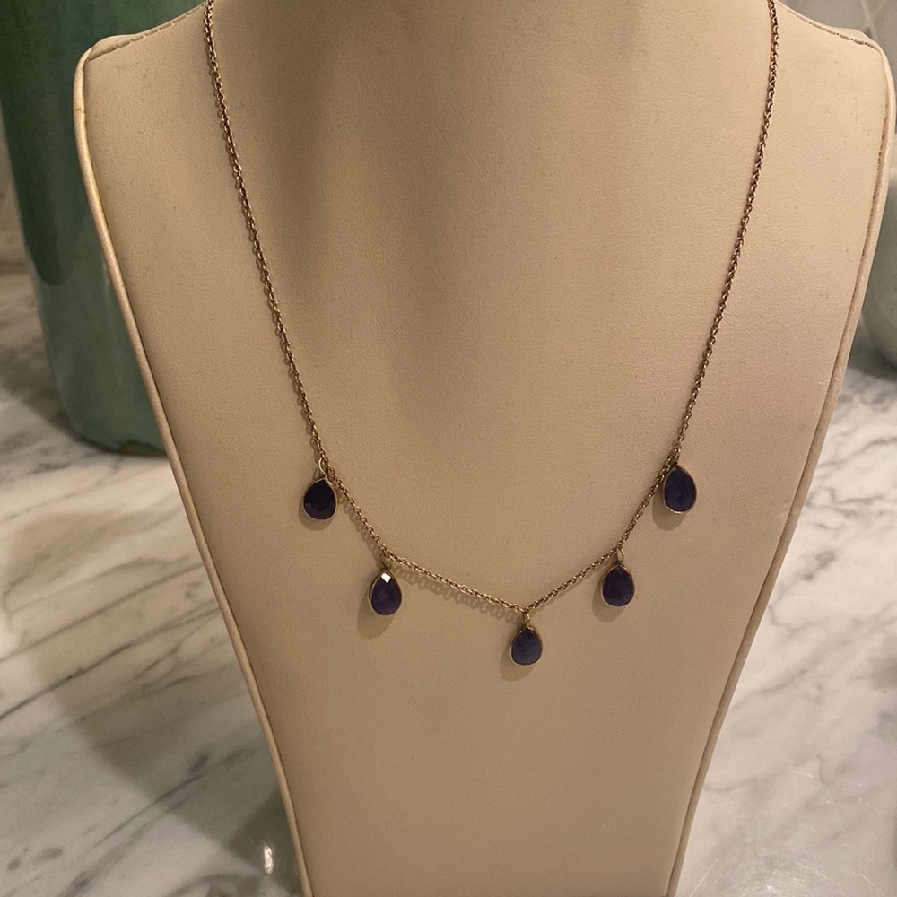 Beautiful necklace has five pear shaped lapis dangles on goldfilled silver chain